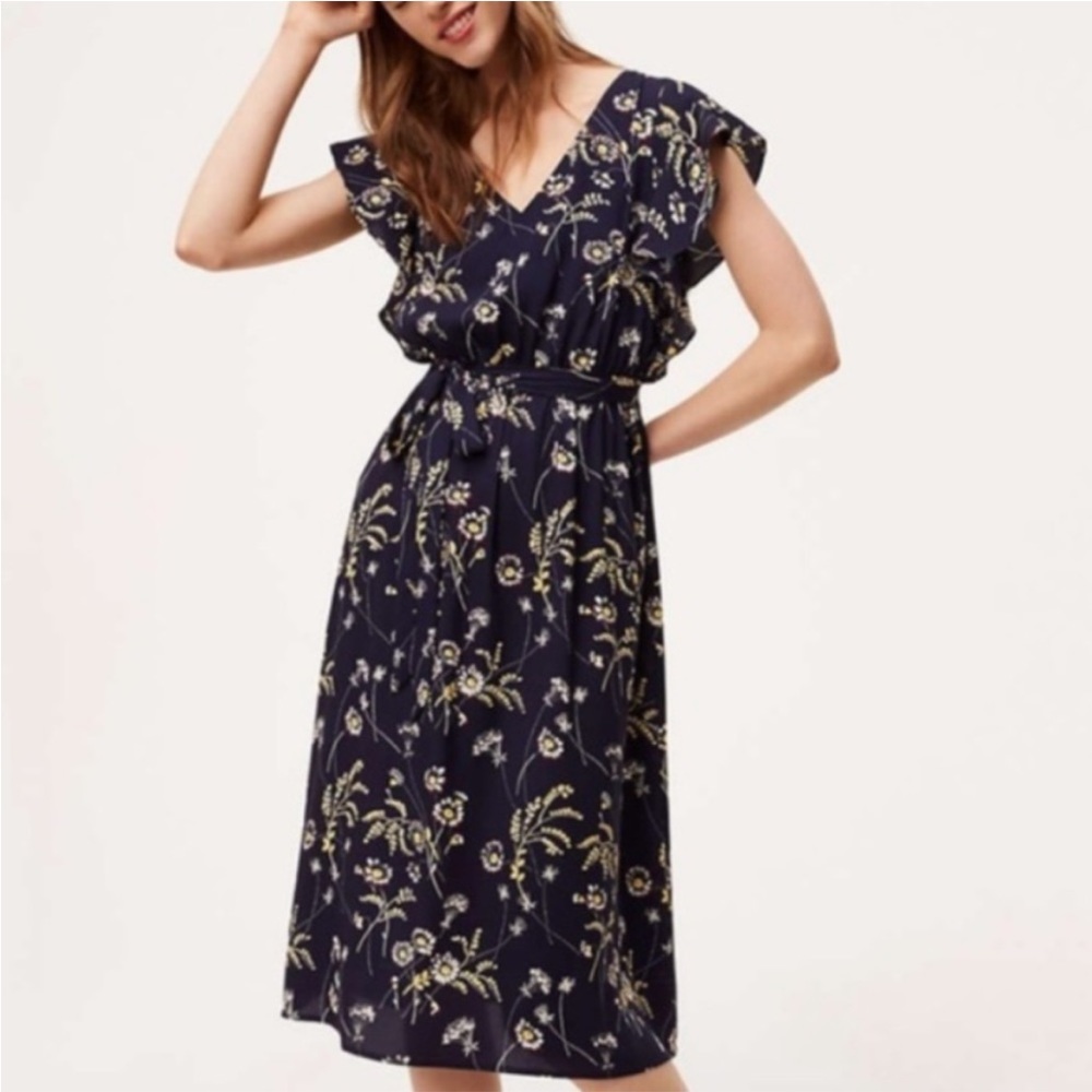LOFT Navy Blue Floral Flutter Sleeve Dress